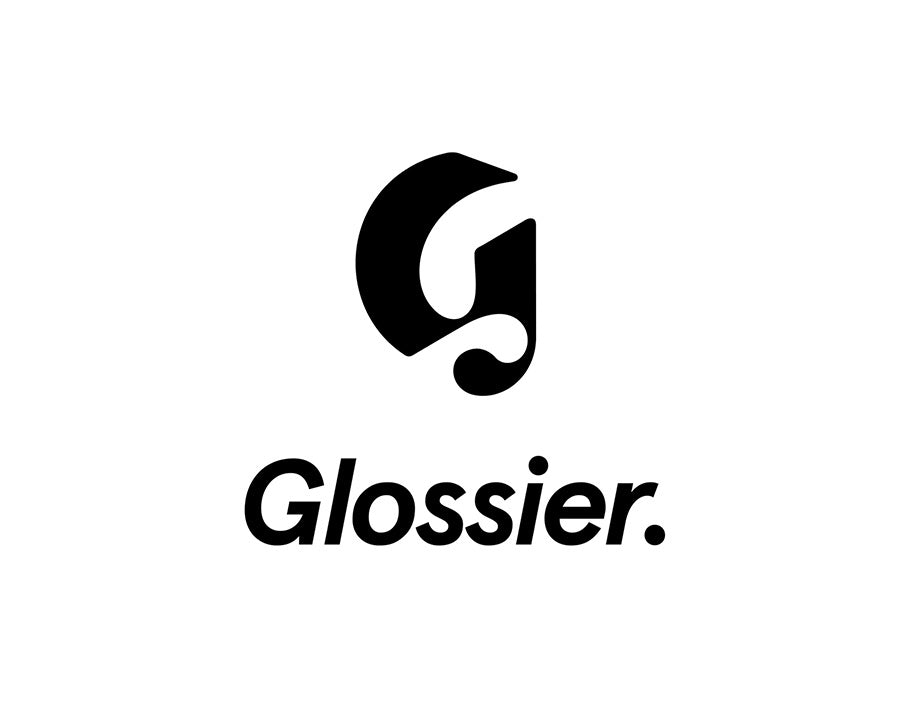 Glossier G logo and wordmark in black on a white background