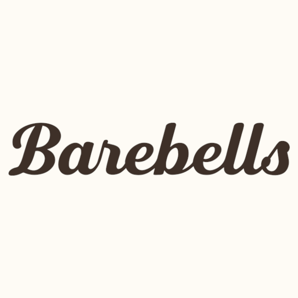 Barebells cursive logo in dark brown on a cream background