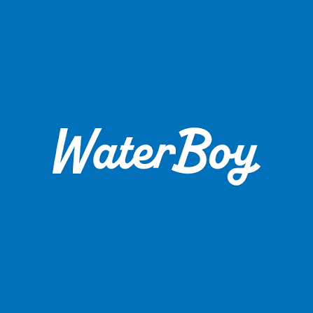 WaterBoy logo in white script on a blue background