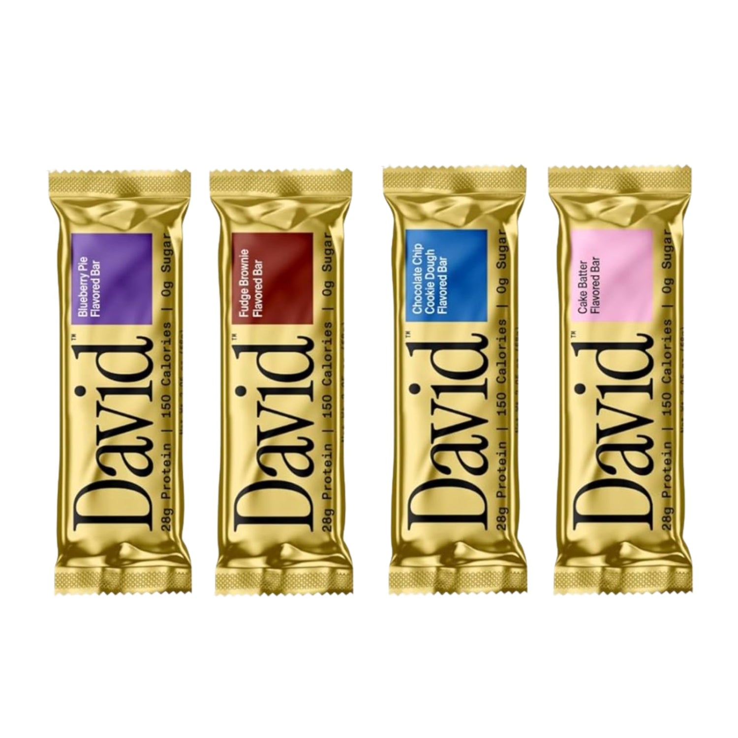 Four gold-wrapped David chocolate bars with different flavors on a white background