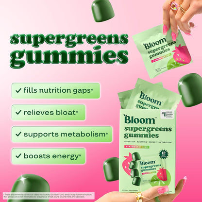 Bloom supergreens gummies packaging with green gummies on a pink background