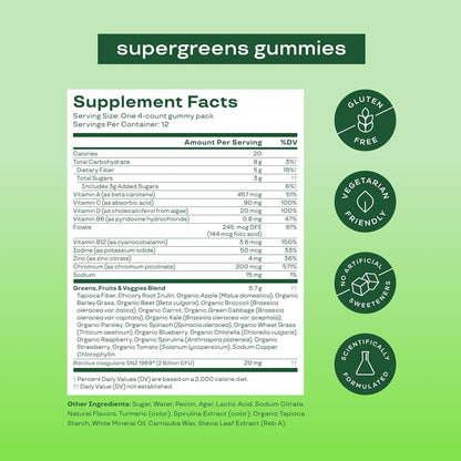 Supergreens gummies supplement facts label on a green background