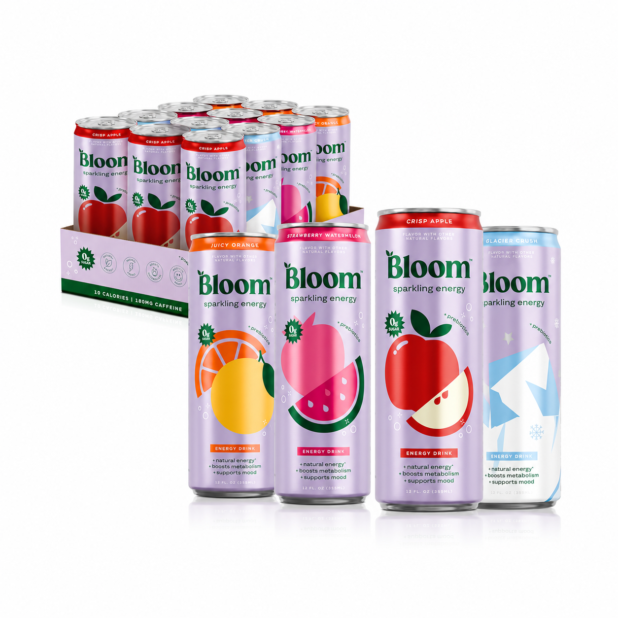 Assorted cans of Bloom sparkling energy drinks on a white background
