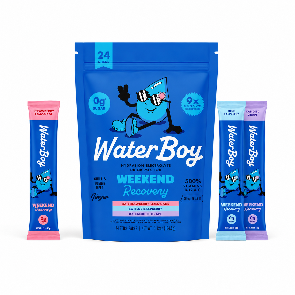 Blue packaging of WaterBoy Weekend Recovery drink mix with cartoon character on a white background