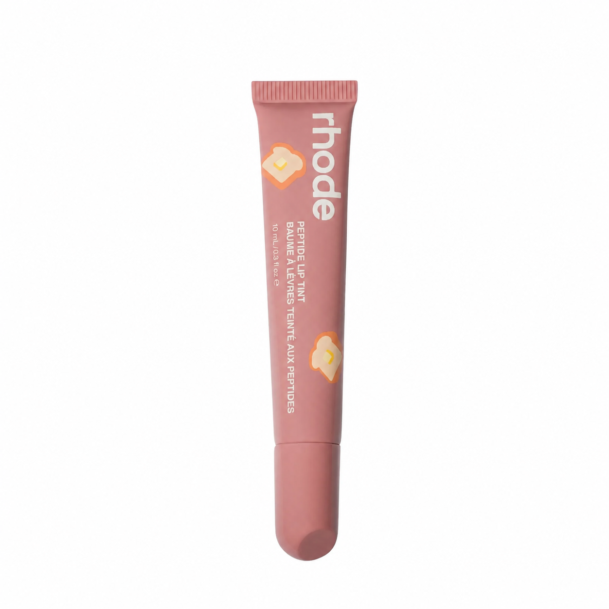 Mauve/tan lip balm tube with 'rhode' branding on a white background