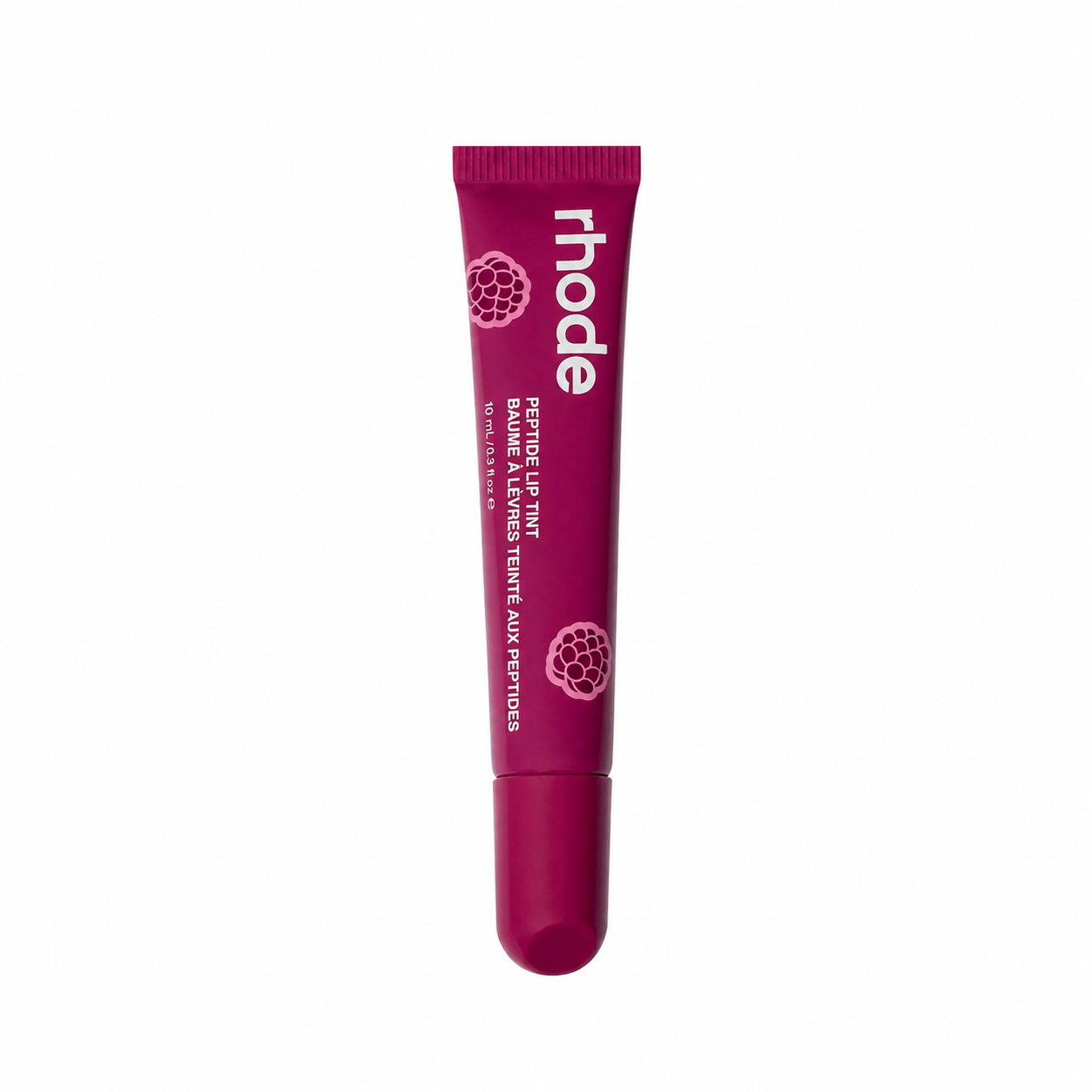 Dark berry/magenta lip balm tube with 'rhode' branding on a white background