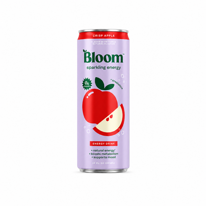 Bloom sparkling energy drink can with a red apple graphic on a white background