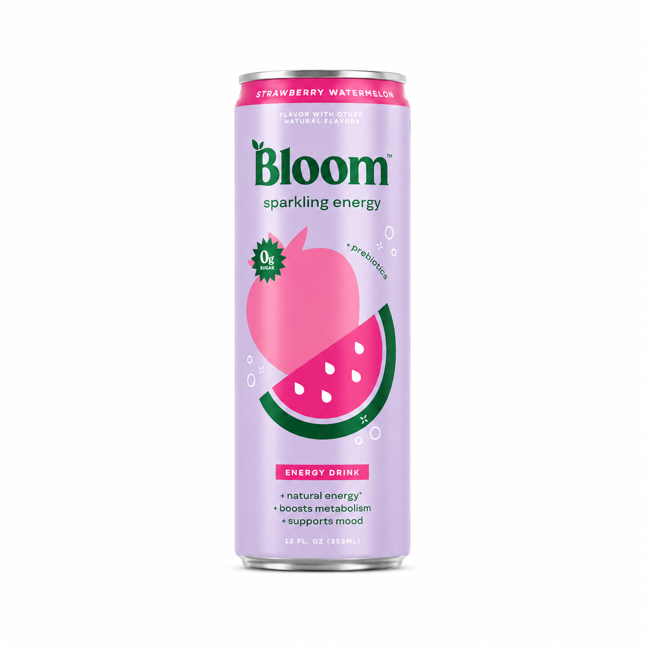 Bloom sparkling energy drink can with strawberry watermelon flavor on a white background