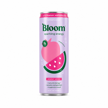 Bloom sparkling energy drink can with strawberry watermelon flavor on a white background