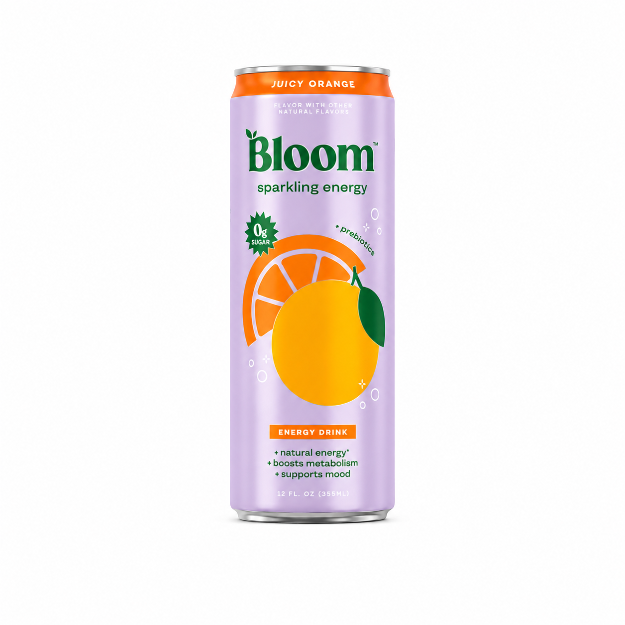 Bloom sparkling energy drink can with orange illustration on a white background