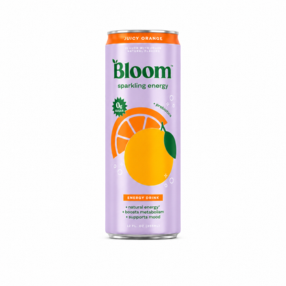 Bloom sparkling energy drink can with orange illustration on a white background