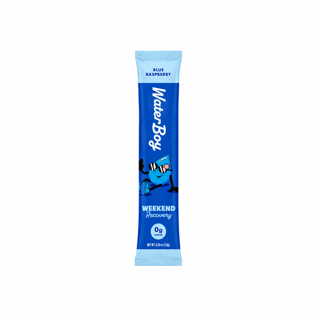 Blue and white package of Water Boy Weekend Recovery drink mix on a white background