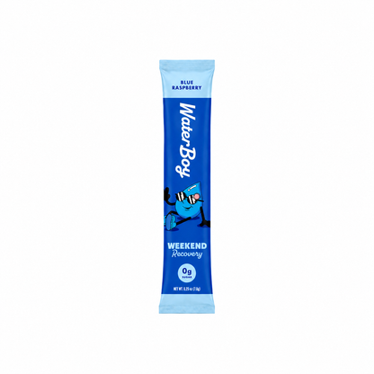 Blue and white package of Water Boy Weekend Recovery drink mix on a white background