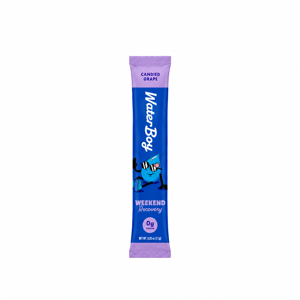 Blue and purple package of Water Boy Weekend Recovery drink mix on a white background