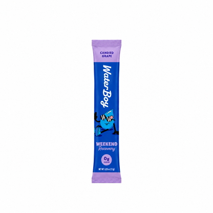 Blue and purple package of Water Boy Weekend Recovery drink mix on a white background