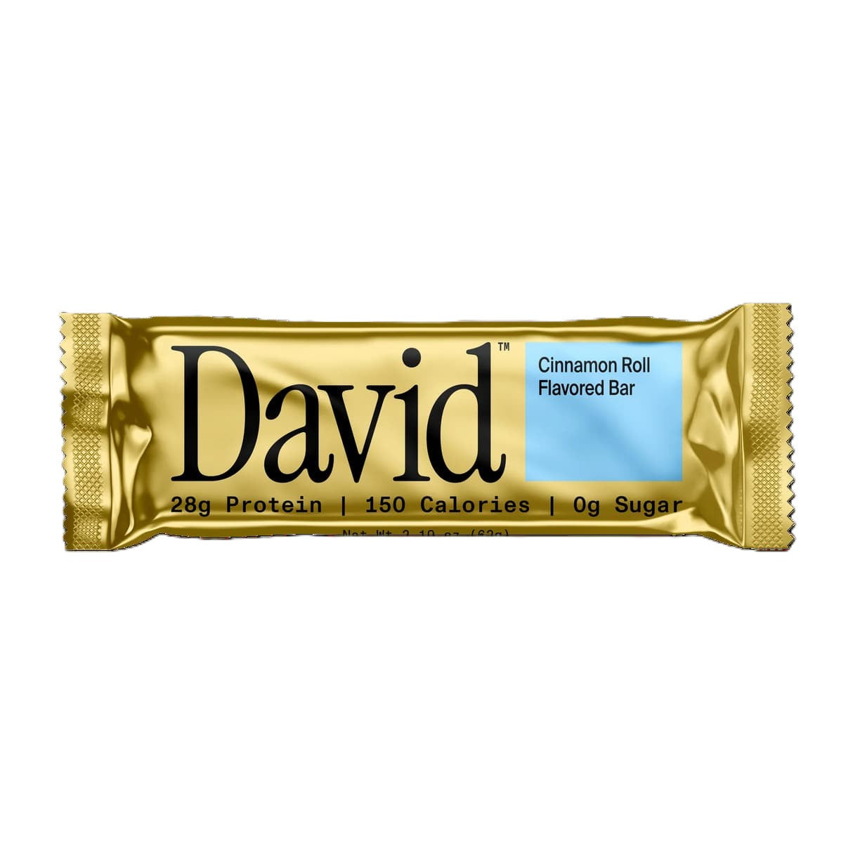 Gold package of David Cinnamon Roll Flavored Protein Bar on a white background