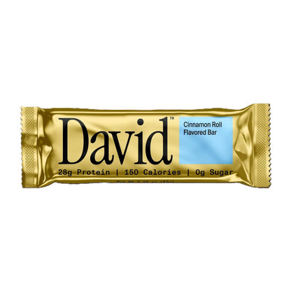 Gold package of David Cinnamon Roll Flavored Protein Bar on a white background
