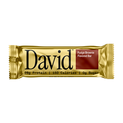 David Fudge Brownie Flavored protein bar packaging on a transparent background