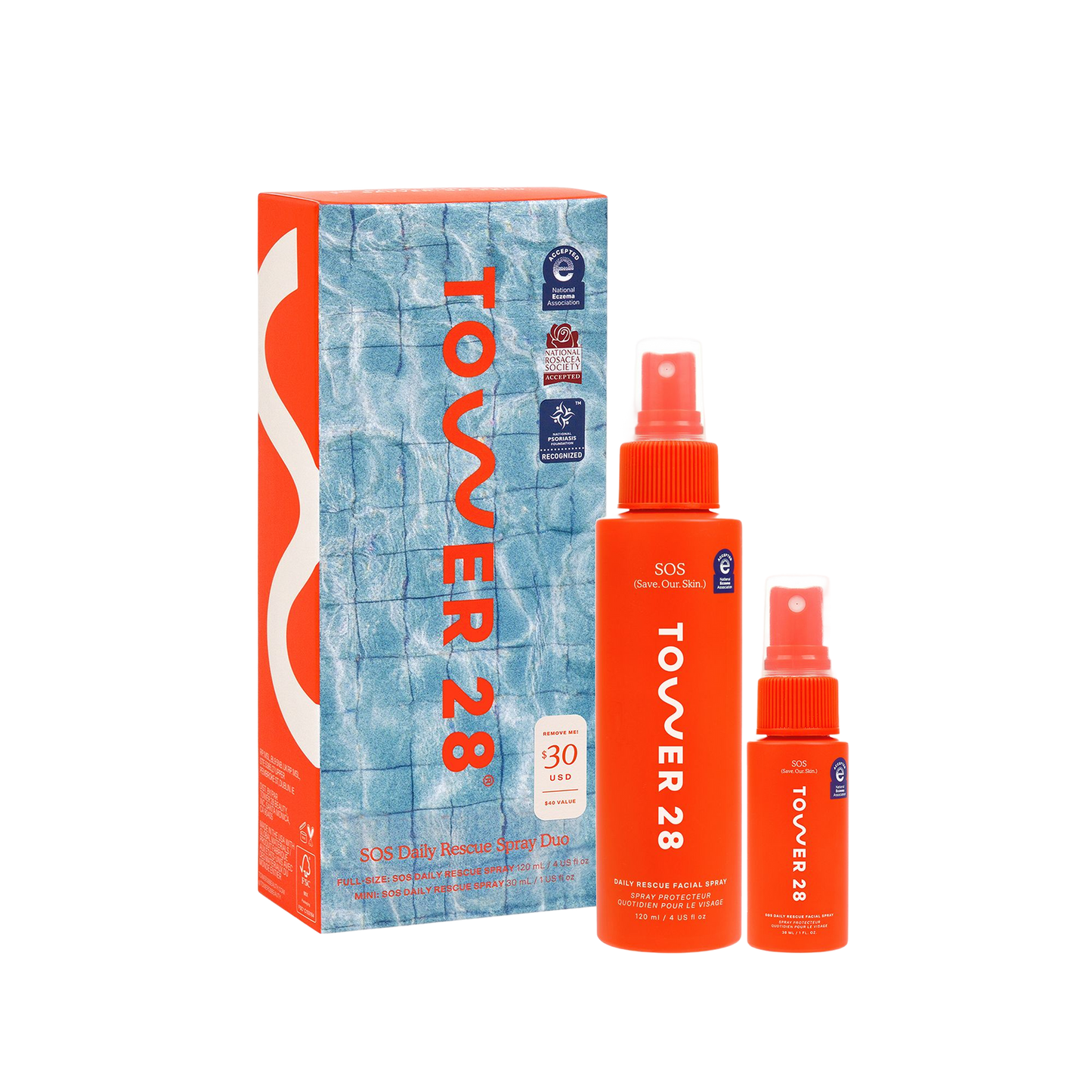 Tower 28 SOS Daily Rescue Facial Spray Duo box and bottles on a transparent background