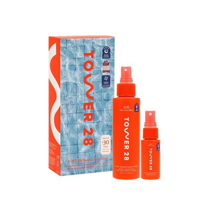 Tower 28 SOS Daily Rescue Facial Spray Duo box and bottles on a transparent background