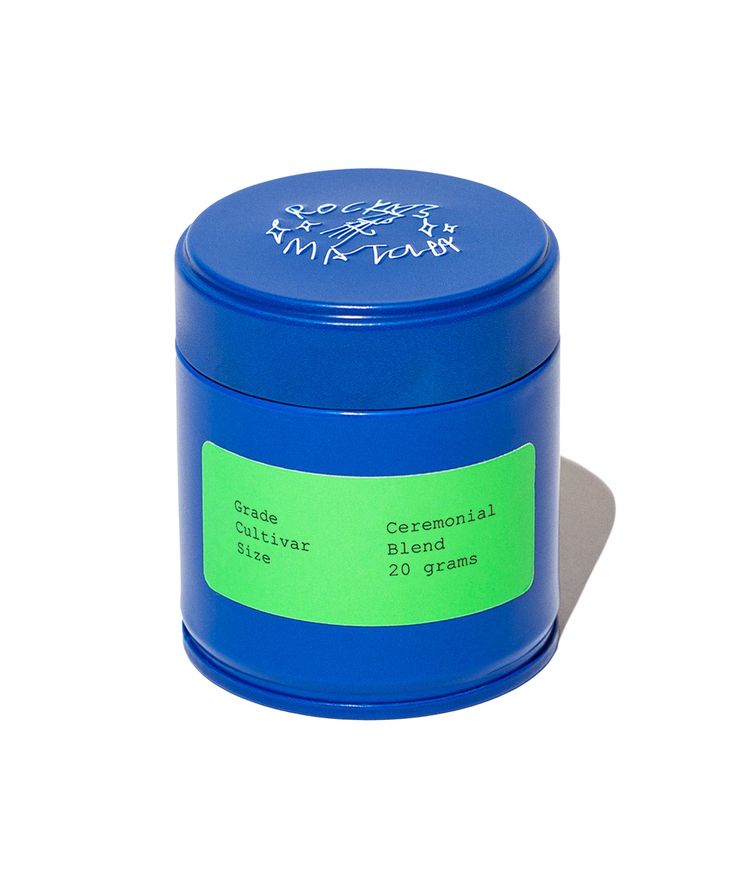 Blue container with a green label on a white background