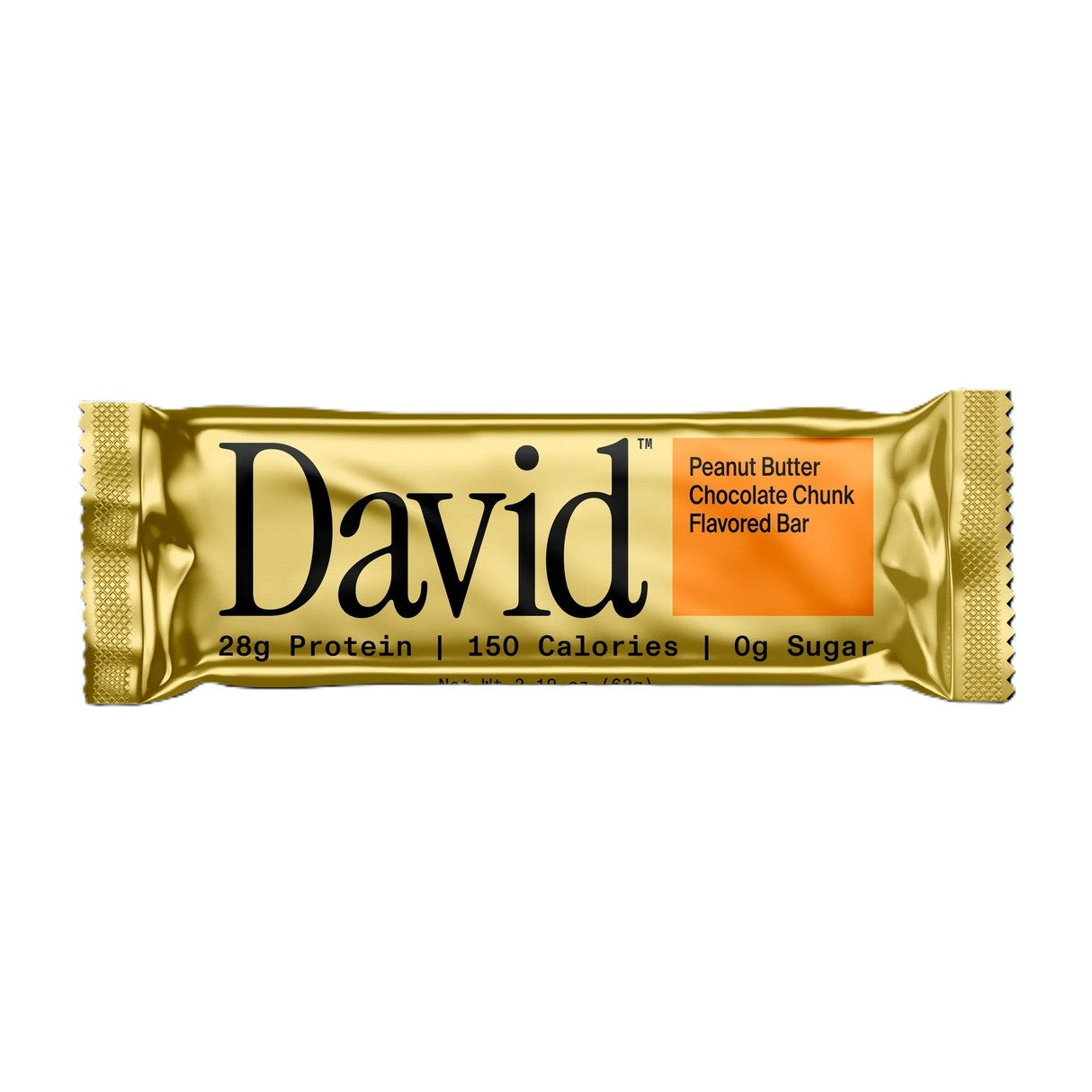 Gold package of David Peanut Butter Chocolate Chunk protein bar on a white background