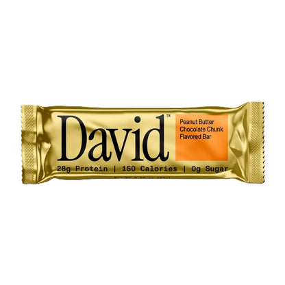 Gold package of David Peanut Butter Chocolate Chunk protein bar on a white background