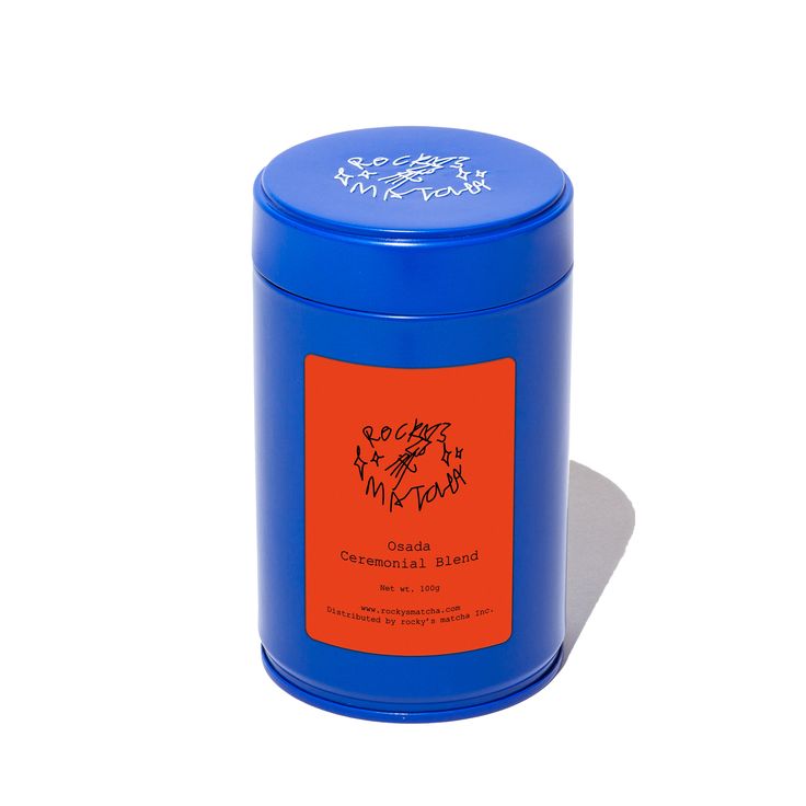 Blue cylindrical container with orange label featuring text and graphics on a white background