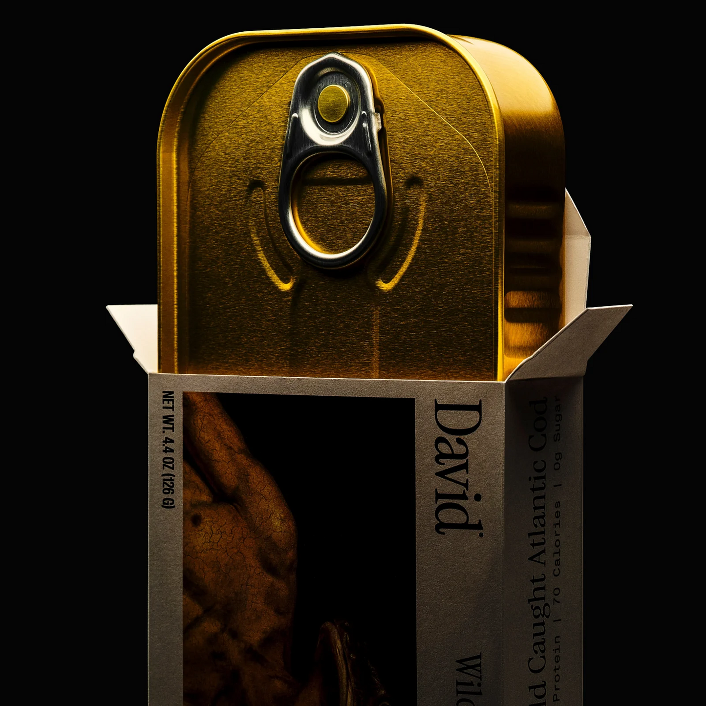 Gold canned food with 'David' branding on a black background