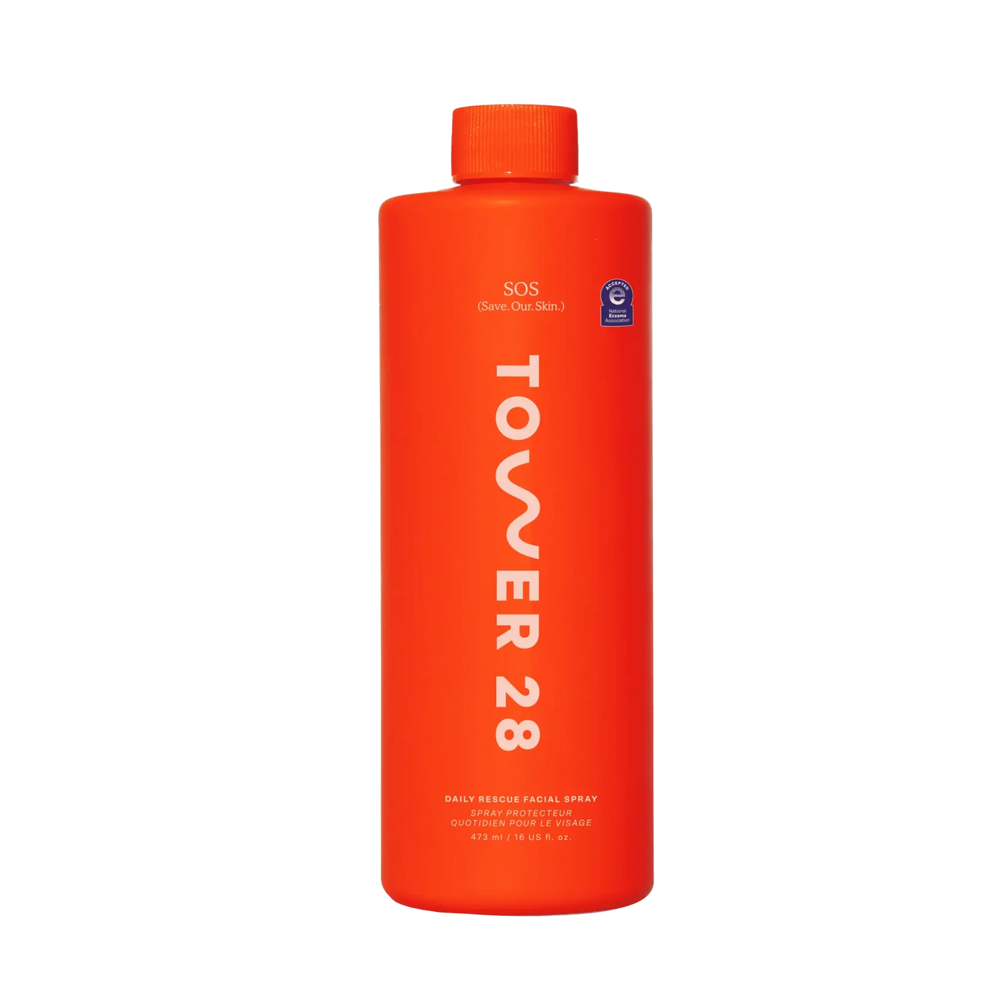 Orange bottle of Tower 28 facial spray on a white background