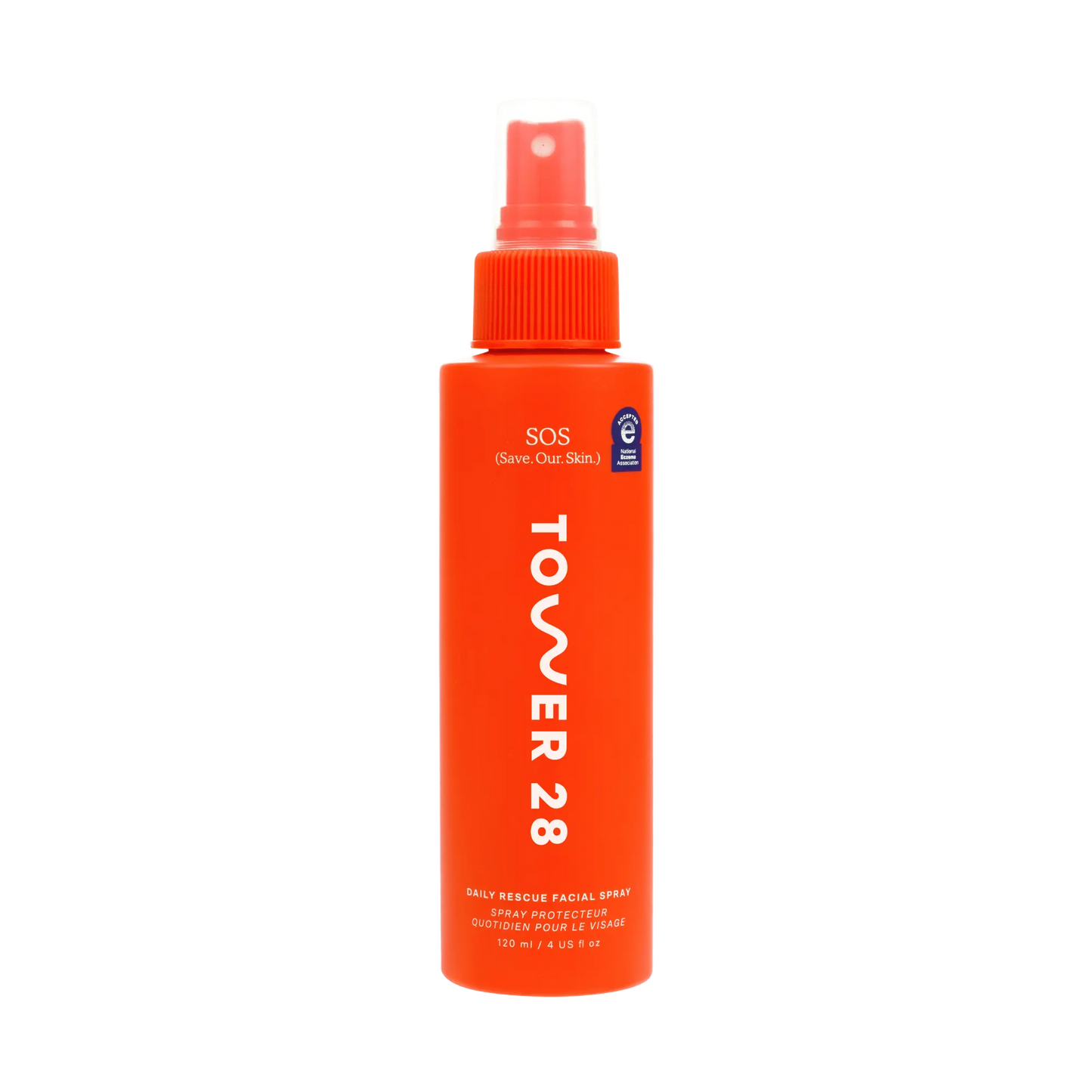 Orange spray bottle labeled 'Tower 28' on a white background