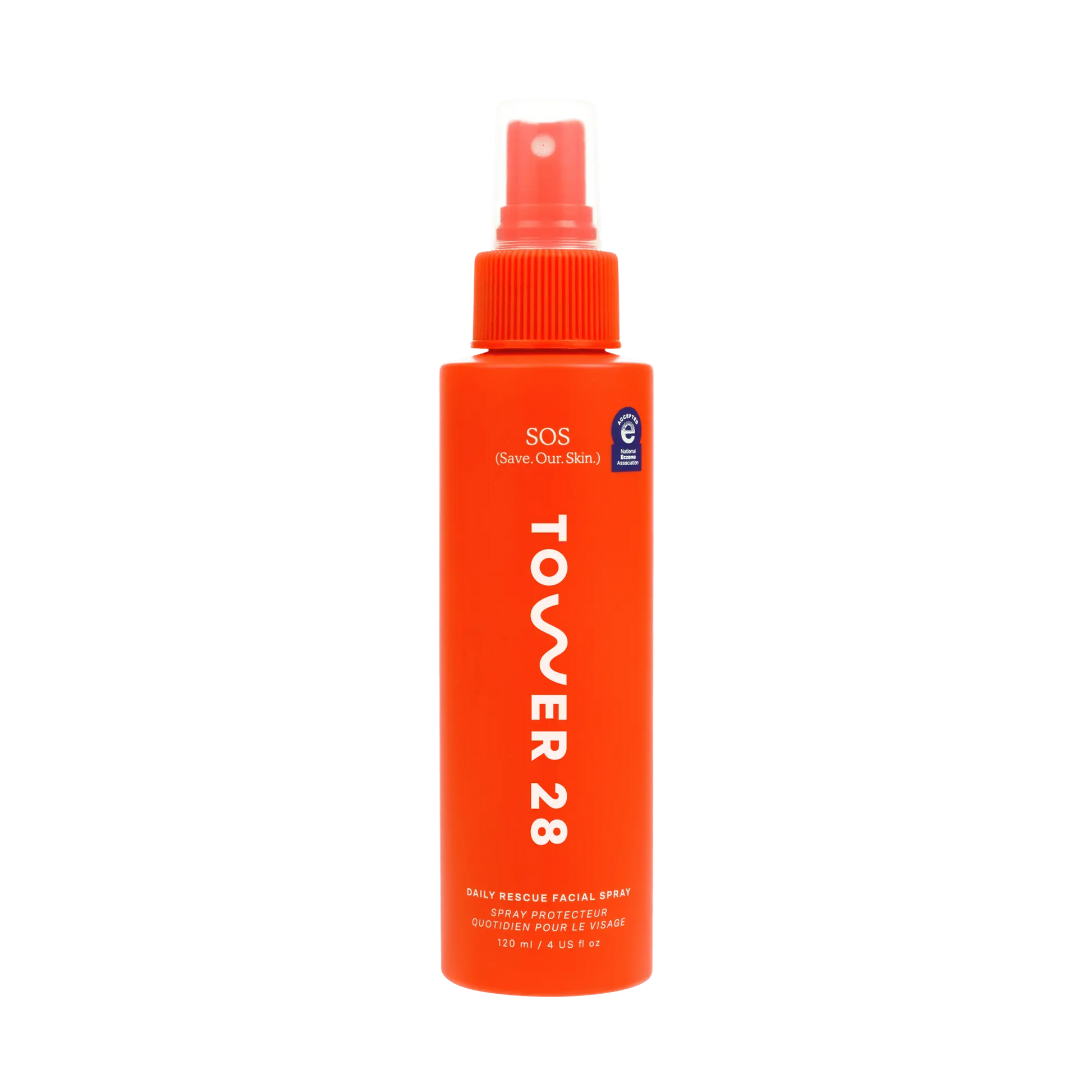 Orange spray bottle labeled 'Tower 28' on a white background