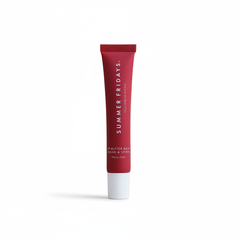 Red tube of Summer Fridays lip balm on a beige background