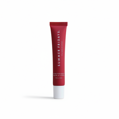 Red tube of Summer Fridays lip balm on a beige background