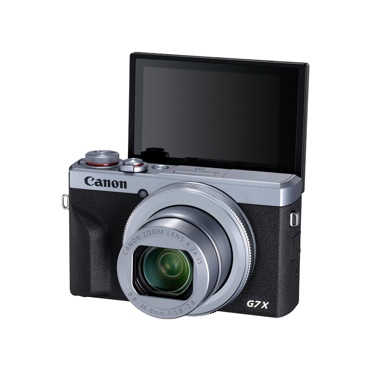 Canon PowerShot G7 X Mark III in Silver with screen flipped for selfies