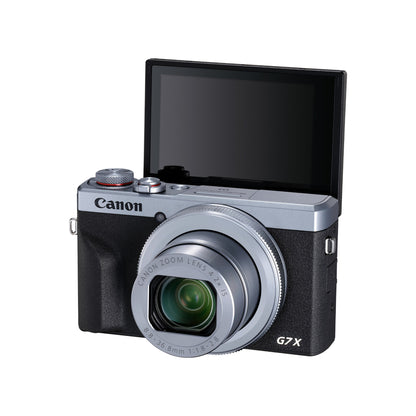 Canon PowerShot G7 X Mark III in Silver with screen flipped for selfies