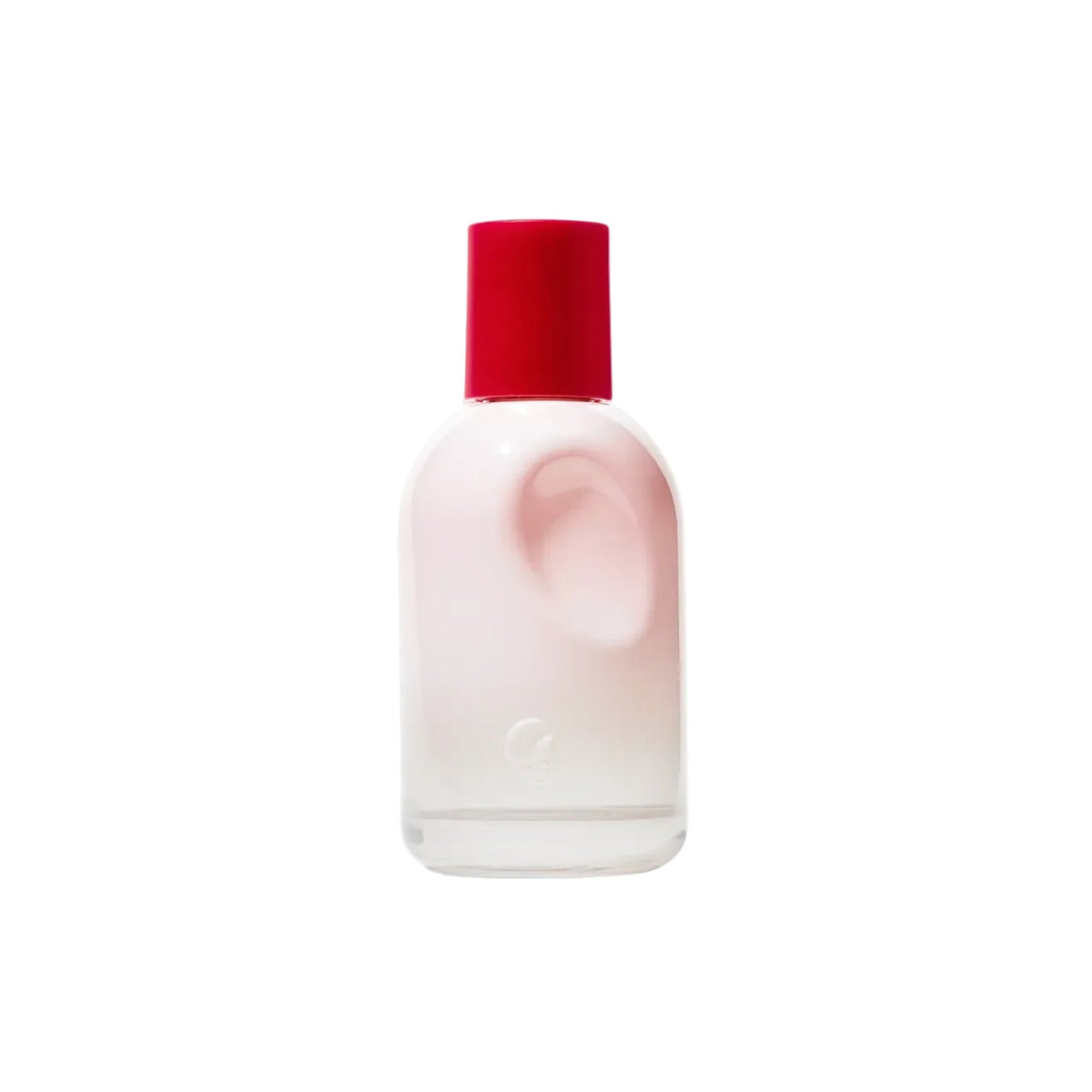 Glossier You pink gradient bottle with red cap on a white background