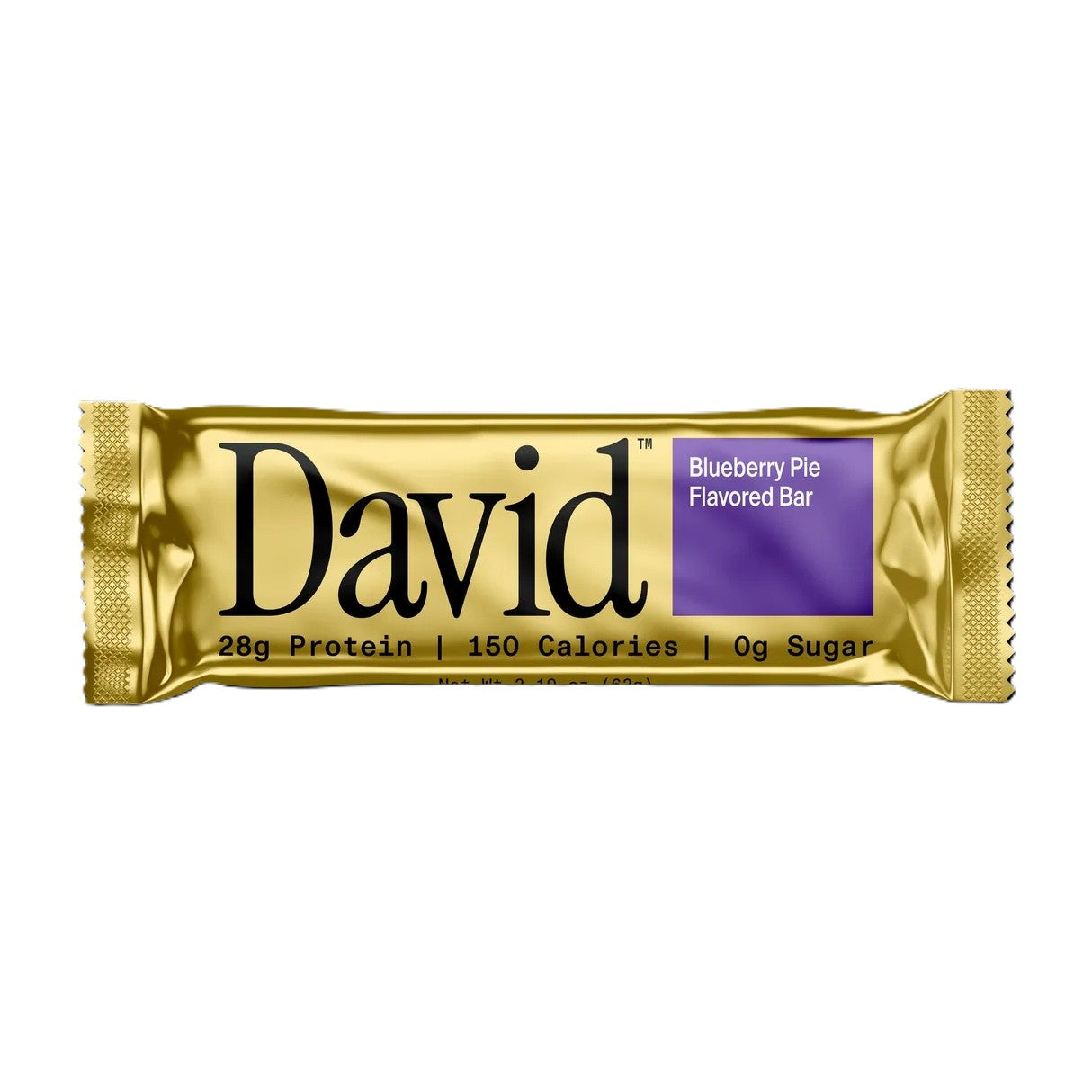 Gold-wrapped David protein bar with blueberry pie flavor on a white background