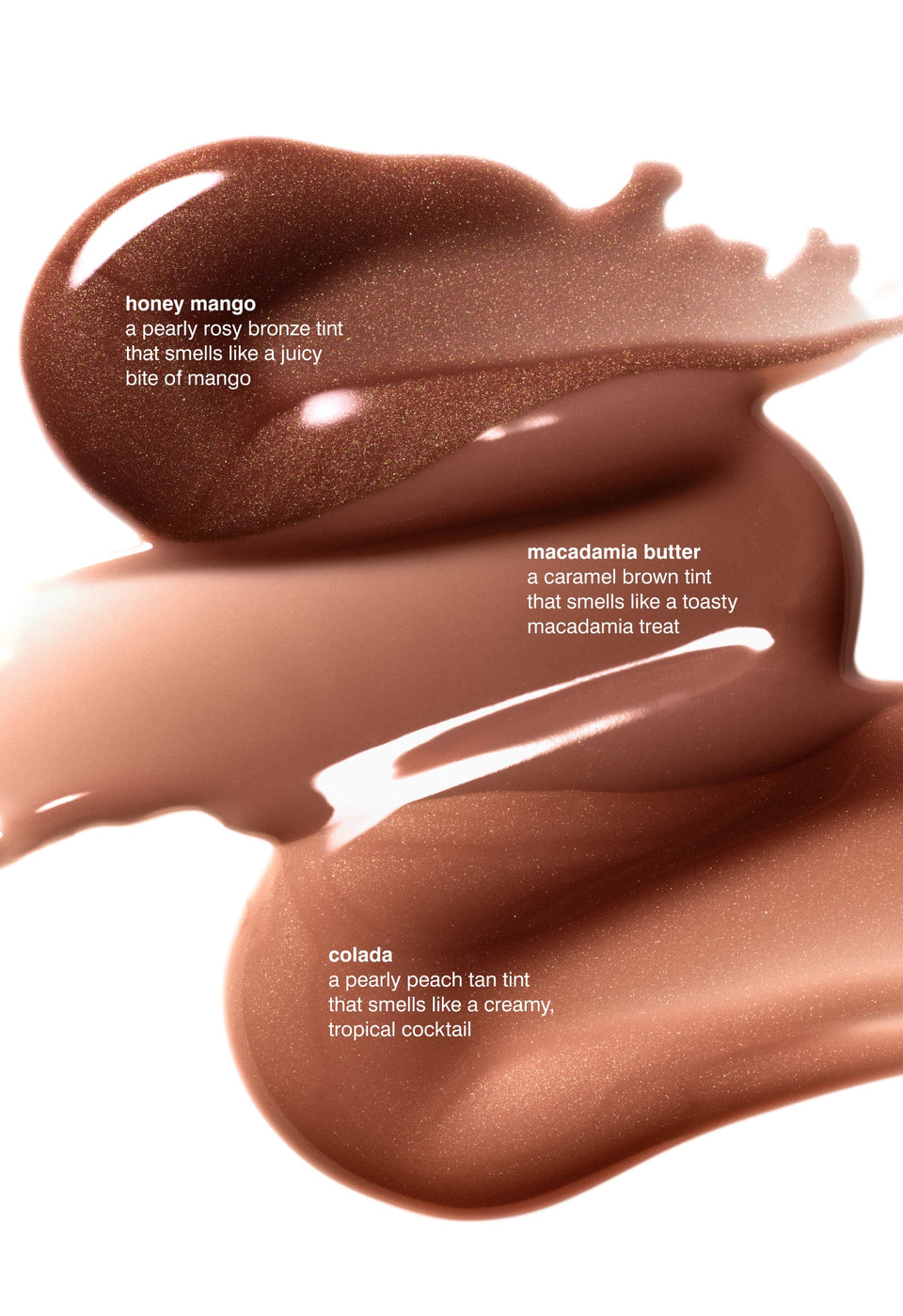 Three swatches of different colored makeup products with descriptive text on a white background.