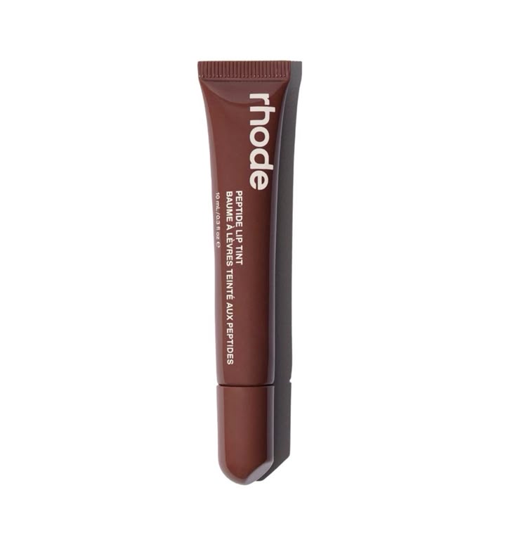 Brown lip tint with 'rhode' branding on a white background