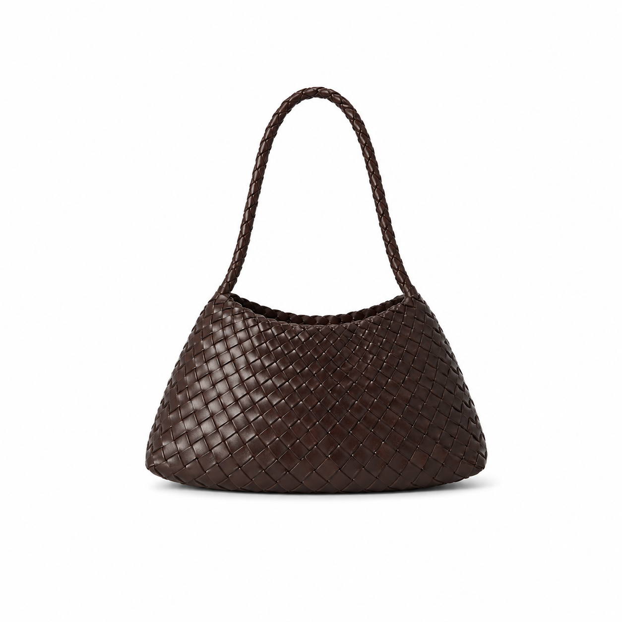Brown woven handbag on a white background