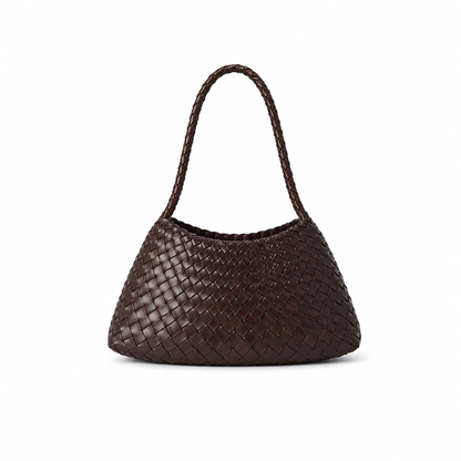 Brown woven handbag on a white background