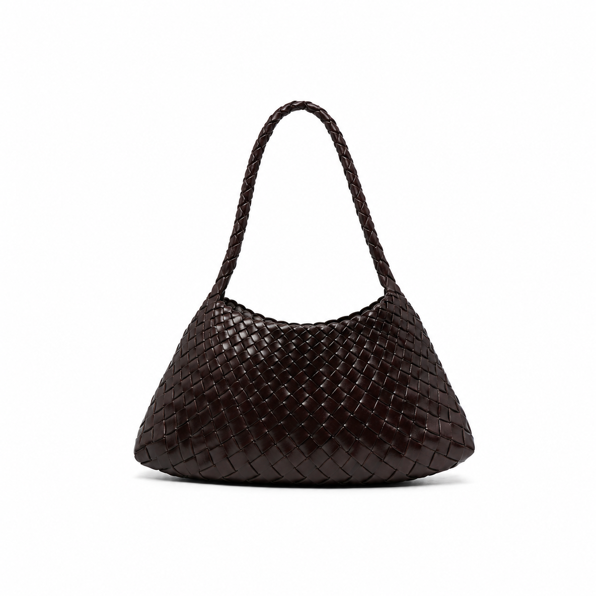 Brown woven handbag on a white background
