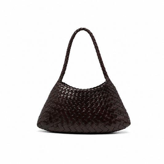 Brown woven handbag on a white background