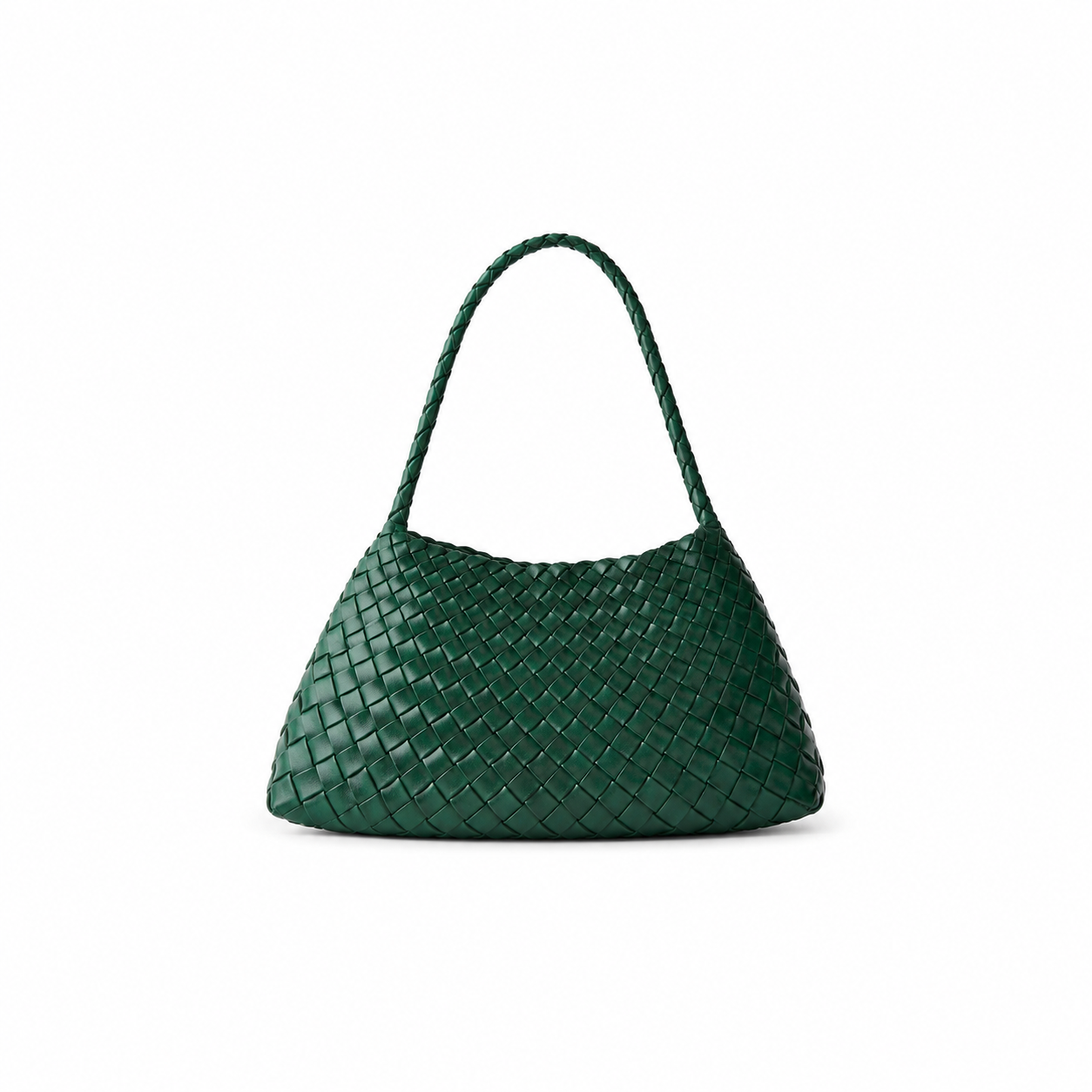 Green woven handbag on a white background