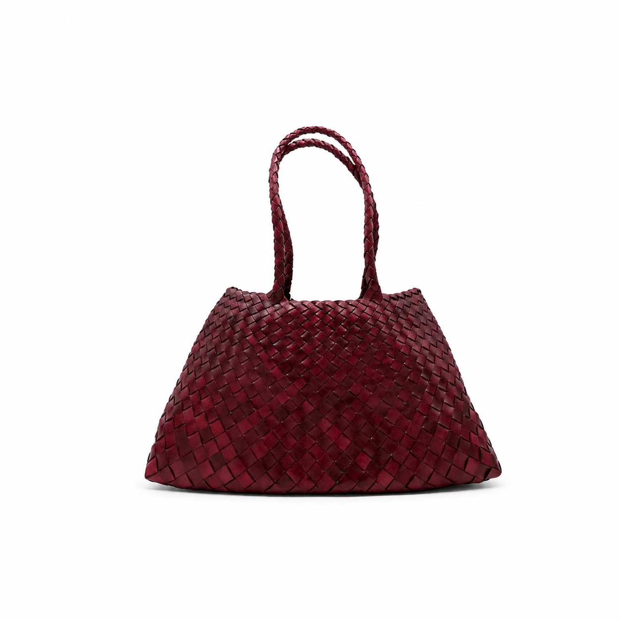 Red woven handbag on a white background