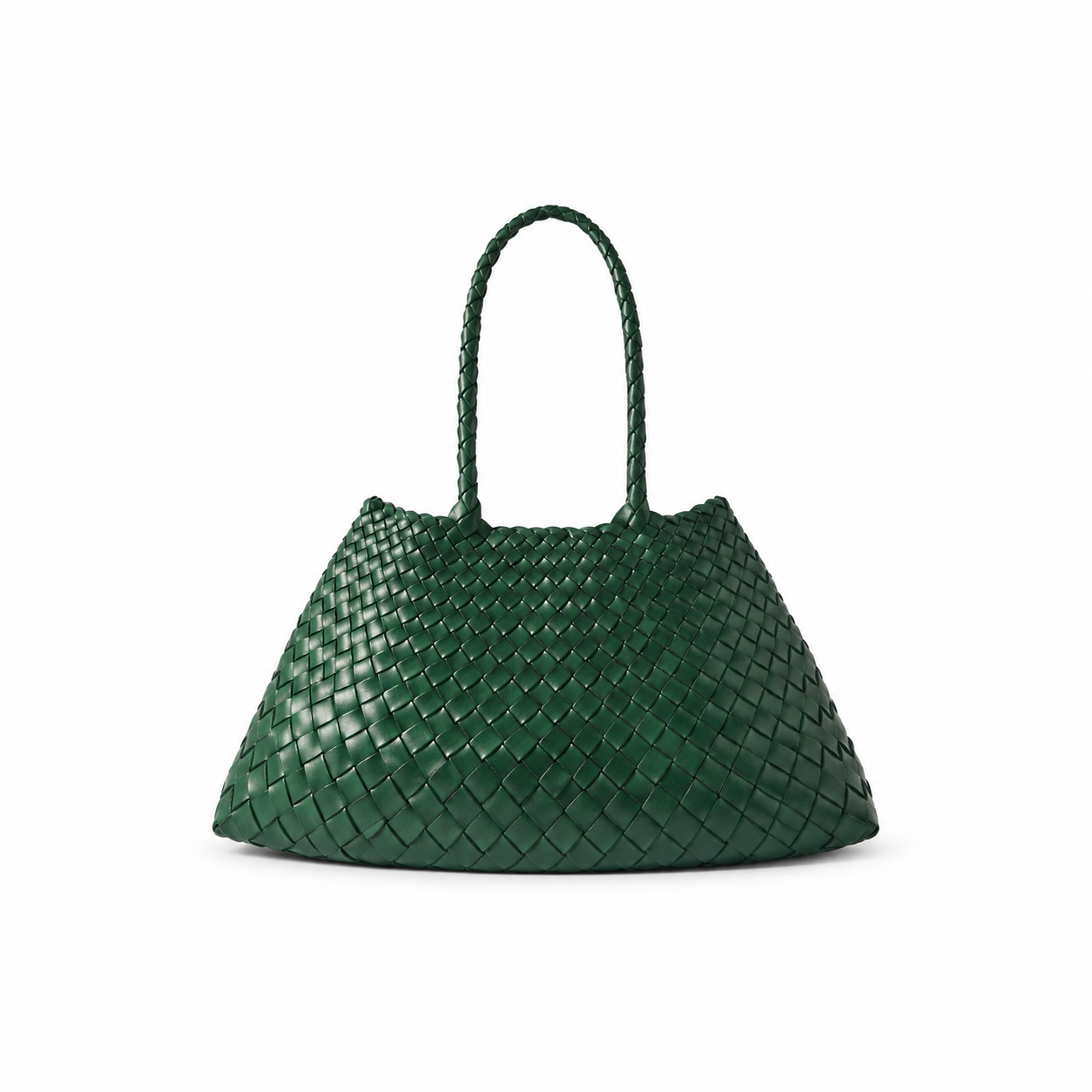 Green woven handbag on a white background