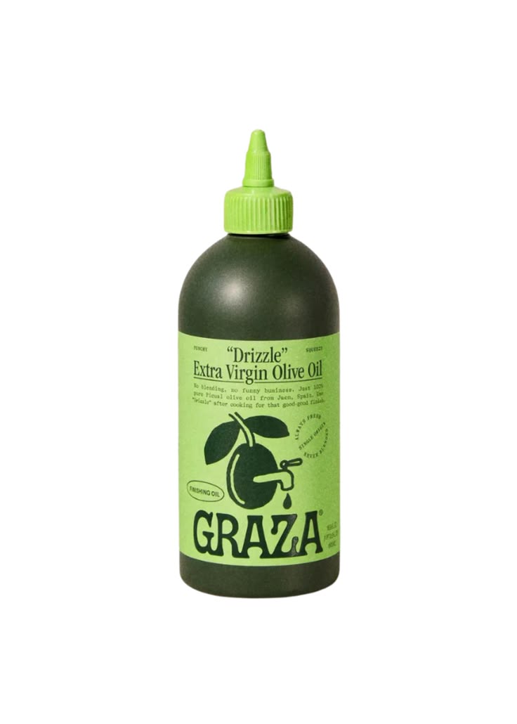 Bottle of Graza extra virgin olive oil with a green cap on a white background