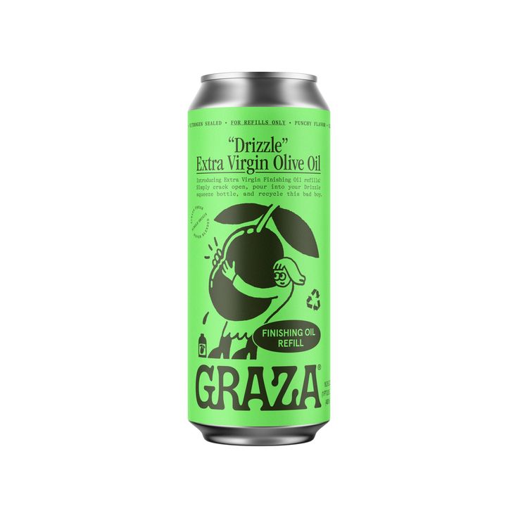 Green can of Graza olive oil on a white background