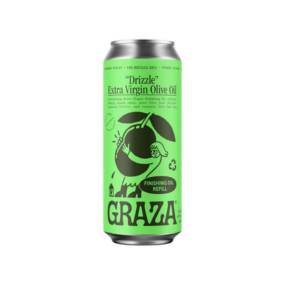 Green can of Graza olive oil on a white background